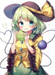  1girl :q bangs blue_eyes blush bow breasts buttons cowboy_shot diamond_button eating eyebrows_visible_through_hair food food_on_face frilled_shirt_collar frills fruit green_hair green_skirt hands_up hat hat_bow heart heart_of_string holding holding_food holding_fruit komeiji_koishi long_sleeves looking_at_viewer medium_breasts medium_hair moshihimechan shirt simple_background skirt sleeves_past_elbows solo tongue tongue_out touhou white_background wide_sleeves yellow_bow yellow_shirt 