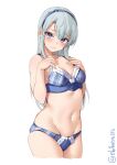  1girl asymmetrical_bangs bangs blue_bra blue_panties blush bra breasts collarbone cowboy_shot ebifurya embarrassed eyebrows_visible_through_hair grey_hair grey_ribbon hair_between_eyes hairband hands_on_own_chest highres kantai_collection long_hair looking_at_viewer navel one-hour_drawing_challenge panties purple_hairband sagiri_(kancolle) silver_hair simple_background small_breasts solo swept_bangs twitter_username underwear underwear_only violet_eyes white_background 