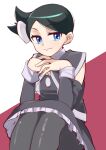  1girl black_dress black_hair black_legwear blue_eyes bow closed_mouth dress fingers_together gothic_lolita hair_bow highres lolita_fashion looking_at_viewer marley_(pokemon) nozumu pantyhose pokemon pokemon_(game) pokemon_dppt short_hair smile solo 