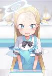  1girl apron black_bow blonde_hair blue_apron blue_archive blue_eyes blurry blurry_background blush bow collared_shirt commentary_request depth_of_field fang forehead forehead_writing highres long_hair looking_at_viewer newey open_mouth shirt short_sleeves solo sora_(arknights) strap_slip striped striped_bow tears tic-tac-toe two_side_up upper_body very_long_hair wavy_hair white_shirt 