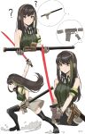  1girl ? absurdres artist_name assault_rifle boots cursed_m4a1 fighting_stance gar32 girls_frontline gloves gun headphones highres holding holding_weapon katana kendo long_hair m4_carbine m4a1_(girls&#039;_frontline) magazine_(weapon) rifle scabbard sheath solo sword weapon white_background 