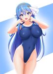  1girl blue_eyes blue_hair blue_swimsuit breasts commentary_request commission competition_swimsuit covered_navel cowboy_shot hairband highleg highleg_swimsuit highres indie_virtual_youtuber large_breasts long_hair looking_at_viewer manamin_(manamin2001) one-piece_swimsuit open_mouth original ruo_(vtuber) smile solo swimsuit virtual_youtuber 