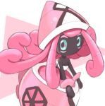  aberu_(ycrr3542) black_skin colored_skin commentary_request green_eyes long_hair looking_at_viewer no_humans pink_hair pokemon pokemon_(creature) solo tapu_lele two-tone_background 