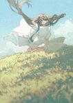  1girl arm_support blue_eyes blue_sky brown_hair clouds commentary day dress floating_hair grass hand_up highres long_hair original outdoors parted_lips potg_(piotegu) short_sleeves sitting sky solo very_long_hair white_dress 