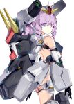  1girl absurdres black_gloves closed_mouth drill_hair gloves gundam gundam_00 gundam_seravee highres i.takashi looking_at_viewer mecha_musume personification purple_hair solo twin_drills violet_eyes white_background 