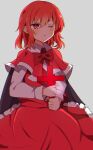  1girl black_cape blush bow bowtie cape capelet collared_shirt cross frilled_skirt frills highres holding holding_cross long_sleeves okazaki_yumemi one_eye_closed red_bow red_bowtie red_capelet red_eyes red_skirt red_vest redhead shirt short_hair skirt smile touhou touhou_(pc-98) vest white_shirt zeroko-san_(nuclear_f) 