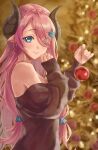  1girl :d bangs bare_shoulders blue_eyes blurry blurry_background braid breasts brown_sleeves christmas_ornaments christmas_tree commentary_request draph eyebrows_visible_through_hair eyelashes eyes_visible_through_hair fingernails forehead granblue_fantasy hair_ornament hairclip highres holding horns huziko32 lips long_hair long_sleeves looking_at_viewer low_twintails narmaya_(granblue_fantasy) off-shoulder_sweater off_shoulder open_mouth parted_bangs pink_hair pointy_ears sideboob smile solo sweater twintails upper_body 