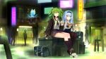  2girls black_gloves black_hairband black_legwear black_skirt blue_hair brown_eyes building cityscape cup disposable_cup drinking_straw fingerless_gloves girls_frontline gloves green_hair hairband highres holding holding_cup long_hair lrig m950a_(girls&#039;_frontline) miniskirt multiple_girls outdoors pleated_skirt shirt sidelocks sitting skirt thunder_(girls&#039;_frontline) two_side_up white_shirt 