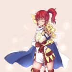  1girl airdoor anna_(fire_emblem) armor bangs belt blue_cape boots cape coat dress feathers fire_emblem fire_emblem_heroes gloves highres leather leather_gloves one_eye_closed pauldrons redhead shoulder_armor side_ponytail sidelocks solo thigh-highs thigh_boots two-tone_cape white_coat white_feathers yellow_eyes zettai_ryouiki 