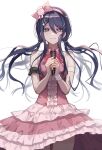  1girl bangs bare_shoulders blue_hair bow cowboy_shot danganronpa:_trigger_happy_havoc danganronpa_(series) dress eyebrows_visible_through_hair frilled_dress frills grey_background hair_between_eyes hairband holding holding_microphone long_hair looking_at_viewer low_twintails maizono_sayaka microphone official_alternate_costume pink_bow pink_dress pink_hairband raito47 shiny shiny_hair simple_background smile solo twintails white_dress 