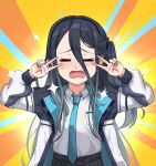  &gt;_&lt; arisu_(blue_archive) black_hair blue_archive blush breasts closed_eyes commentary_request double_v hair_between_eyes headband highres jacket long_hair necktie open_mouth ramkilog school_uniform small_breasts tears v 