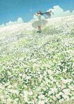  1girl bird black_footwear blue_sky brown_hair clouds commentary_request day dress field flower flower_field full_body highres long_hair meadow original outdoors outstretched_arm potg_(piotegu) short_sleeves sky solo standing white_dress wide_shot 