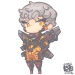  1girl apex_legends bodysuit bright_pupils chibi dated eyebrows_visible_through_hair grey_hair hair_behind_ear hand_on_hip highres jetpack jr4rt missile_pod orange_bodysuit orange_eyes short_eyebrows short_hair smile solo thick_eyebrows valkyrie_(apex_legends) white_background white_pupils 