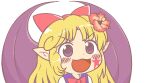  1girl bangs bat_wings black_vest blonde_hair blush bow bowtie chibi commentary_request dot_nose elis_(touhou) face facial_mark gyate_gyate hair_bow ikiyouz long_hair meme open_mouth pointy_ears purple_wings red_bow red_bowtie shirt touhou touhou_(pc-98) transparent_background v-shaped_eyebrows very_long_hair vest violet_eyes white_shirt wings 