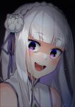  1girl :d absurdres artist_name bags_under_eyes bangs bare_shoulders blunt_bangs blush commentary emilia_(re:zero) eyebrows_visible_through_hair face flower hair_flower hair_ornament highres long_hair looking_at_viewer open_mouth portrait re:zero_kara_hajimeru_isekai_seikatsu sasoura smile solo violet_eyes white_hair yandere 