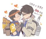  1boy 1girl ^_^ apex_legends backpack bag black_hair blue_necktie blush brown_jacket closed_eyes collared_shirt crypto_(apex_legends) emoji glasses hair_behind_ear headband heart hetero holding_hands inconspicuous_crypto jacket jetpack necktie nojima_minami official_alternate_costume omatsuri_fury_valkyrie orange_hair orange_headband shirt valkyrie_(apex_legends) white_background white_shirt 