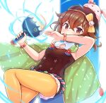  1girl animal_hat armpits bare_shoulders beret bow bracelet brown_eyes brown_hair brown_legwear bunny_hat capelet collar delthea_(fire_emblem) egg fighting_stance fire_emblem fire_emblem_echoes:_shadows_of_valentia fire_emblem_heroes flower hair_between_eyes hat hat_bow highres jewelry kutabireta_neko leotard looking_at_viewer official_alternate_costume pantyhose serious short_hair simple_background solo v-shaped_eyebrows white_background yellow_legwear 