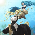 2girls ahoge animal_ears bird_legs blonde_hair blue_eyes blue_hair blue_wings breasts centaur centorea_shianus covered_nipples falconry falconry_glove feathered_wings feathers harpy high_ponytail highres horse_ears horse_tail large_breasts leaves_in_wind long_hair monster_girl monster_musume_no_iru_nichijou multiple_girls navel nm_enji open_mouth outdoors papi_(monster_musume) pointy_ears ponytail shorts small_breasts tail talons taur winged_arms wings yellow_eyes 