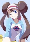  1girl blue_eyes breasts brown_hair closed_mouth collarbone double_bun highres long_hair looking_at_viewer nozumu one_eye_closed pokemon pokemon_(game) pokemon_bw2 rosa_(pokemon) simple_background solo twintails visor_cap 
