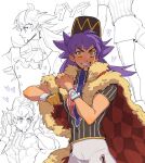  1boy argyle ay_(1054105084) baseball_cap bright_pupils cape champion_uniform commentary dark-skinned_male dark_skin facial_hair fur-trimmed_cape fur_trim gloves grin hat heart highres leon_(pokemon) long_hair looking_at_viewer male_focus multiple_views partially_colored partially_fingerless_gloves pokemon pokemon_(game) pokemon_swsh purple_hair red_cape shirt short_sleeves shorts single_glove smile teeth white_background white_pupils white_shorts yellow_eyes 