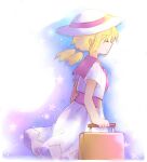  1girl blonde_hair blouse closed_eyes cocoa_(cocoa1qld) ellipsis_(mitei) hat holding holding_suitcase louise_(touhou) low_twintails medium_hair neckerchief purple_neckerchief purple_sailor_collar purple_sash rolling_suitcase sailor_collar sash short_sleeves skirt suitcase sun_hat touhou touhou_(pc-98) twintails white_blouse white_headwear white_skirt 