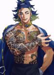  1boy abs adaman_(pokemon) arm_tattoo black_pants blue_coat blue_hair brown_eyes chest_tattoo coat coat_on_shoulders collar collarbone commentary_request earrings eyebrow_cut green_hair hand_in_pocket highres jewelry lower_teeth male_focus navel neck_ring open_mouth opnune pants pectorals pokemon pokemon_(game) pokemon_legends:_arceus ponytail sideways_glance smile solo tattoo teeth tied_hair white_background 