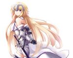  1girl armor armored_dress bangs blonde_hair chain fate/apocrypha fate/grand_order fate_(series) headpiece jeanne_d&#039;arc_(fate) jeanne_d&#039;arc_(fate/apocrypha) long_hair looking_at_viewer looking_back panikuru_yuuto simple_background smile solo sword very_long_hair weapon white_background 