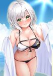  1girl absurdres bangs beach bikini blue_sky blush breasts closed_mouth clouds cowboy_shot day eyebrows_visible_through_hair front-tie_bikini front-tie_top green_eyes hatsanxp highres holding holding_towel hololive large_breasts leaning_forward lips looking_at_viewer medium_hair navel ocean shirogane_noel sky smile solo stomach sunlight swimsuit towel two-tone_bikini virtual_youtuber water white_hair 