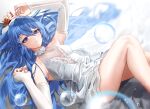  1girl backlighting bangs bed_sheet blue_eyes blue_hair blue_nails blush breasts bubble commentary_request crown detached_sleeves dress eyebrows_visible_through_hair film_grain hair_between_eyes halter_dress halterneck highres hololive hoshimachi_suisei indie_virtual_youtuber lace lace-trimmed_dress lace_trim long_hair looking_at_viewer lying medium_breasts messy_hair smile solo star_(symbol) star_in_eye symbol_in_eye thighs toi1et_paper virtual_youtuber 