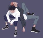  2boys ankle_boots black_hair black_nails black_shirt blue_background boots closed_mouth converse denim extra_eyes facial_tattoo full_body fushiguro_megumi hair_between_eyes highres hood hoodie invisible_chair jeans jujutsu_kaisen long_sleeves looking_at_viewer makababazi male_focus multiple_boys pants pink_hair red_eyes ryoumen_sukuna_(jujutsu_kaisen) shirt shoes short_hair sideburns sitting sleeves_past_wrists smile sneakers spiky_hair tattoo undercut white_hoodie white_legwear 