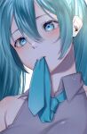  1girl aqua_eyes aqua_hair aqua_necktie bangs blush breasts close-up collared_shirt commentary_request face grey_shirt hair_between_eyes hatsune_miku ikura_(user_uuyj7743) long_hair looking_at_viewer medium_breasts mouth_hold necktie necktie_in_mouth shadow shiny shiny_hair shirt sidelocks sleeveless sleeveless_shirt solo sparkle twintails vocaloid 