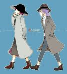  1boy 1girl alternate_costume atsumi_yoshioka black_headwear blue_background blue_eyes boots brown_footwear buttons closed_mouth coat collared_shirt commentary_request earrings from_side full_body grey_coat grey_pants hand_in_pocket hand_up hat high_heel_boots high_heels james_(pokemon) jessie_(pokemon) jewelry long_sleeves pants pokemon pokemon_(anime) purple_hair ribbed_sweater shirt short_hair skirt smile sweater team_rocket white_shirt 