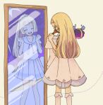  1girl atsumi_yoshioka blonde_hair braid clothes_hanger commentary_request cosmog different_reflection dress from_behind full-length_mirror holding kneehighs kneepits lillie_(pokemon) long_hair pokemon pokemon_(creature) pokemon_(game) pokemon_sm reflection see-through sleeveless sleeveless_dress standing sundress white_dress white_legwear 