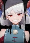  1girl bangs bare_shoulders blurry blurry_foreground clothing_cutout depth_of_field earrings eyebrows_visible_through_hair face grin highres horns jewelry looking_at_viewer red_eyes sharp_teeth short_hair shoulder_cutout silver_hair smile solo suikario teeth touhou toutetsu_yuuma uneven_eyes upper_body 