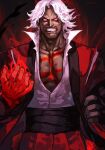  capcom_vs_snk_2 collarbone dark_persona dark_skin energy facial_hair gloves glowing glowing_eyes glowing_hand god_rugal hankuri high_collar mustache open_hand red_eyes rugal_bernstein shirt snk the_king_of_fighters torn_clothes torn_shirt tuxedo white_hair white_shirt 