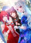  3girls ange_katrina animal_ears bangs black_dress blue_eyes blue_hair breasts brown_eyes champagne_flute cup dog_ears dog_girl dress drinking_glass eyebrows_visible_through_hair fuzichoco gloves hair_intakes heterochromia highres holding holding_cup inui_toko lize_helesta long_hair looking_at_viewer medium_breasts multicolored_hair multiple_girls nijisanji red_dress red_eyes redhead short_hair silver_hair smile streaked_hair tiara virtual_youtuber white_gloves 