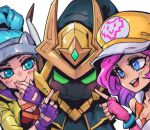  1boy 2girls :d arcade_miss_fortune arcade_riven bangs black_headwear blue_eyes blush breasts cheek_poking final_boss_veigar fingerless_gloves gloves green_eyes green_hair hand_up hat heart jacket league_of_legends miss_fortune_(league_of_legends) multiple_girls open_clothes open_jacket phantom_ix_row pink_gloves poking ponytail purple_gloves riven_(league_of_legends) small_breasts smile tongue veigar yellow_headwear yellow_jacket yordle 