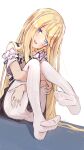  1girl bangs blonde_hair blue_eyes blush highres hololive knees_together_feet_apart knees_up long_hair looking_at_viewer open_mouth renpc sitting skirt smile solo thigh-highs virtual_youtuber watson_amelia white_legwear 