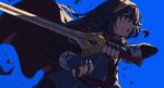  1girl bangs blue_background blue_cape blue_coat blue_eyes blue_gloves blue_hair cape circlet coat fingerless_gloves fire_emblem gloves highres holding holding_sword holding_weapon long_hair long_sleeves lucina_(fire_emblem) open_mouth solo sword tachibanashiro17 weapon 