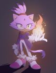  1girl blaze_the_cat breasts cat_girl closed_mouth expressionless fire forehead_jewel full_body fur_trim furry furry_female gloves hair_ornament high_heels highres lunaerim solo sonic_(series) tail white_gloves yellow_eyes 