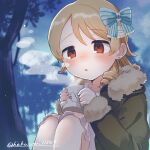  1girl :o blonde_hair blush bow coffee_mug cold cup deformed earrings forest fur-trimmed_jacket fur_trim hair_bow highres holding holding_cup idolmaster idolmaster_cinderella_girls jacket jewelry knees_up looking_down morikubo_nono mug nature night outdoors ringlets shisui_(5830217) sitting solo squirrel_print steam stud_earrings tree twitter_username 