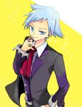  1boy atsumi_yoshioka bangs belt black_jacket black_pants blue_eyes blue_hair closed_mouth collared_shirt commentary_request hand_up jacket jewelry long_sleeves male_focus necktie open_clothes open_jacket pants pokemon pokemon_(game) pokemon_oras red_necktie ring shirt short_hair smile solo spiky_hair steven_stone vest white_shirt 