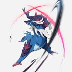  blurry claws commentary_request full_body highres hisuian_samurott jody_tseng looking_down no_humans open_mouth pokemon pokemon_(creature) red_eyes solo teeth tongue upper_teeth white_background 
