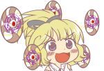  1girl :3 :d black_ribbon blonde_hair blush chibi commentary_request dot_nose electricity eyeball face gyate_gyate ikiyouz meme open_mouth red_eyes ribbon smile solo tied_hair touhou touhou_(pc-98) transparent_background v-shaped_eyebrows violet_eyes yuugenmagan 