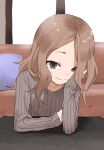  1girl black_eyes brown_hair closed_mouth collarbone commentary_request copyright_request grey_sweater highres long_hair long_sleeves looking_at_viewer ribbed_sweater smile solo sweater upper_body yamamoto_souichirou 