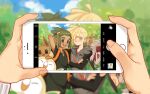  3boys :d absurdres ay_(1054105084) black_shirt blonde_hair blurry blush clouds commentary dark-skinned_male dark_skin day eevee gladion_(pokemon) green_eyes green_hair hair_over_one_eye hau_(pokemon) highres holding holding_phone lycanroc lycanroc_(midnight) male_focus multiple_boys open_mouth outdoors phone pokemon pokemon_(creature) pokemon_(game) pokemon_sm rowlet shirt short_hair short_ponytail sky smile taking_picture teeth tongue 