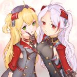  2girls admiral_hipper_(azur_lane) ahoge antenna_hair armpit_cutout azur_lane bangs blonde_hair blush breasts buttons choker closed_mouth clothing_cutout collarbone commentary_request cowboy_shot cross crossed_bangs double-breasted dress elbow_sleeve eyebrows_visible_through_hair finger_to_another&#039;s_cheek flat_chest gloves green_eyes grey_dress grey_gloves hair_between_eyes hand_up hat headgear highres iron_cross large_breasts long_hair long_sleeves looking_at_viewer mole multicolored_hair multiple_girls peaked_cap pout prinz_eugen_(azur_lane) red_eyes red_sleeves redhead side_cutout sideboob sidelocks silver_hair standing streaked_hair swept_bangs taka-8g twitter_username two_side_up 
