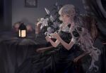  1girl armchair black_dress chair closed_mouth commentary_request dress flower food fruit grapes grey_hair hands_up indoors lantern long_hair looking_at_viewer mmmilk original plant potted_plant short_sleeves solo white_flower yellow_eyes 