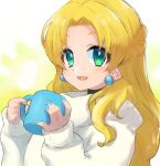 1girl :d \||/ blonde_hair braid cinnamon cinnamon_(mega_man) commentary cup earrings eyebrows_visible_through_hair eyelashes forehead green_eyes hair_over_shoulder holding holding_cup jewelry long_hair long_sleeves looking_at_viewer mega_man_(series) mega_man_x:_command_mission mega_man_x_(series) mug open_mouth smile solo sweater tobitori upper_body white_sweater