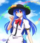 1girl absurdres apron back_bow bangs black_headwear blue_bow blue_hair blue_skirt blue_sky bow bowtie breasts center_frills collared_shirt commentary day food frills fruit hat highres hinanawi_tenshi long_hair outdoors peach_hat_ornament puffy_short_sleeves puffy_sleeves rakkidei red_bow red_bowtie red_eyes shirt short_sleeves skirt sky small_breasts sun_hat textless touhou very_long_hair waist_apron white_apron white_shirt 
